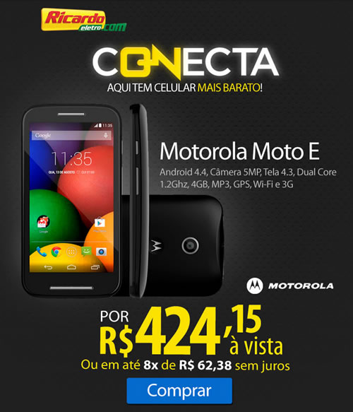 Smartphone Motorola Moto E Preto com 15% de desconto à vista no Ricardo Eletro