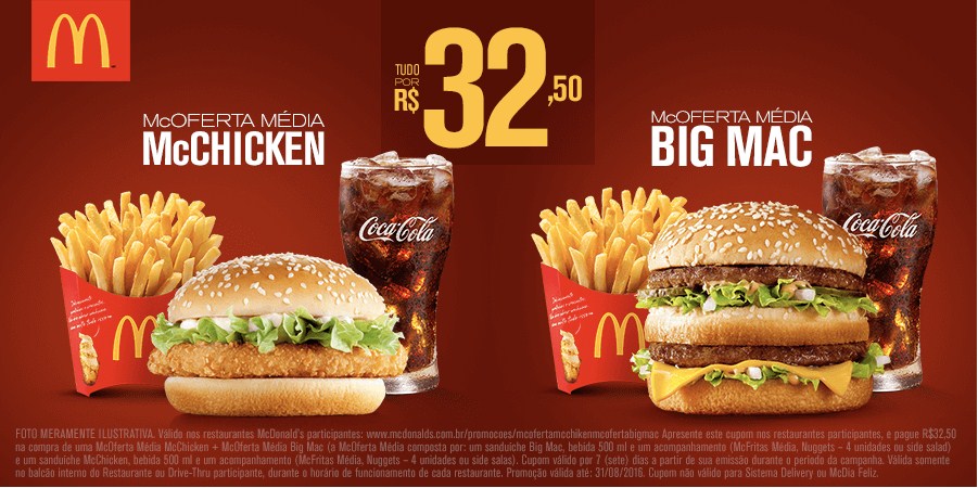 McOferta Média McChicken + McOferta Média Big Mac por R$32,50