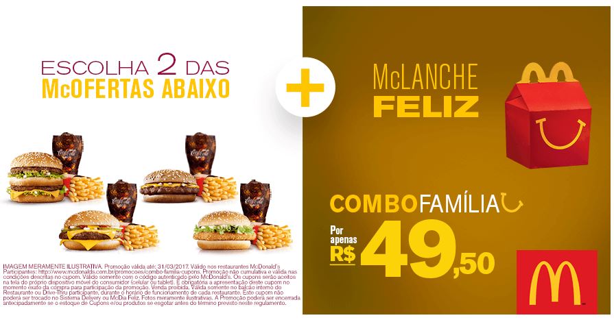 Combo Família: 2 McOfertas Médias + 1 McLanche Feliz por R$ 49,50