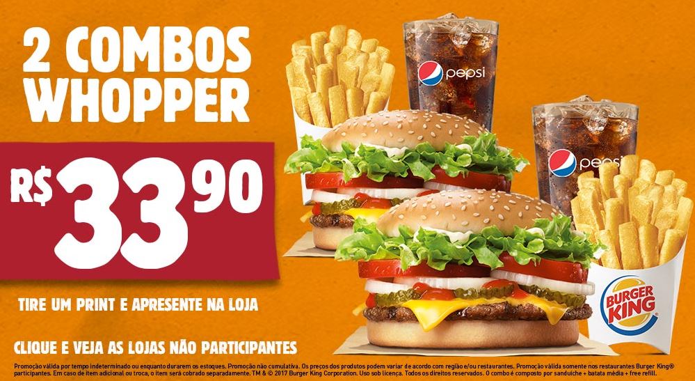 2 Combo Whopper por R$33,90 no Burger King