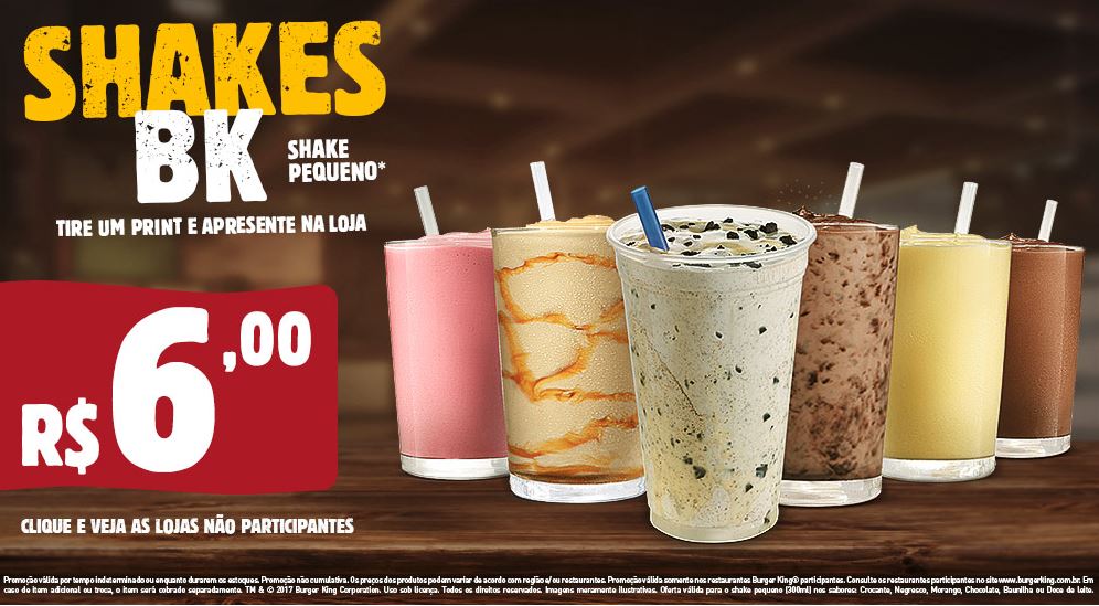 Shakes Pequenos por R$6,00 no Burger King